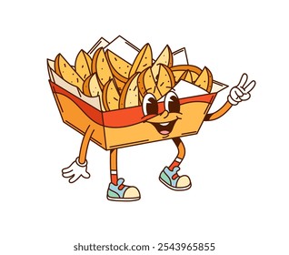 Cartoon groovy fried potato wedges fast food character. Vector potato chops in carton box. retro funky fastfood personage in hippie sneakers, takeaway kids cafe menu junk meal. Fried vegetable snack