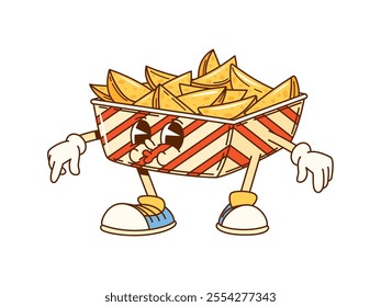 Cartoon groovy fried potato wedges fast food character. Vector potato chops in striped carton box. Retro funky fastfood personage in hippie sneakers, takeaway kids cafe menu junk meal, vegetable snack