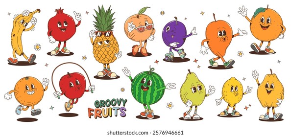 Cartoon groovy fruits retro characters of cute hippie food vector personages. Funny psychedelic apple, orange, mango and banana, funky groovy watermelon, pineapple and peach fruits characters