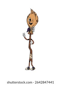 Cartoon groovy fun and quirky broom Halloween character with a playful expression, wearing vintage hippie sneakers and making a peace sign. Isolated vector witch broomstick retro y2k fantasy personage