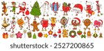 Cartoon groovy funny Christmas characters for winter holidays, vector icons. Groovy Santa with Christmas tree and New Year gifts, Ho Ho Ho and cookie with funky snowman character in retro cartoon