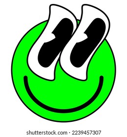 Cartoon Groovy funny green cartoon smile character, vintage. Funky comic bright emoticon stickers