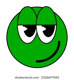 Cartoon Groovy funny green cartoon smile character, vintage. Funky comic bright emoticon stickers