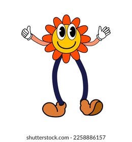 Cartoon Groovy funny cartoon smile character, vintage. Funky comic bright emoticon flower sticker