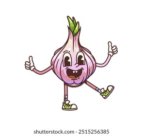 Carácter vegetal de ajo groovy de la historieta con la expresión alegre y los ojos grandes, encarna un ambiente retro juguetón y enérgico. Personaje aislado de la planta del jardín del Vector que da los pulgares para arriba con la sonrisa feliz