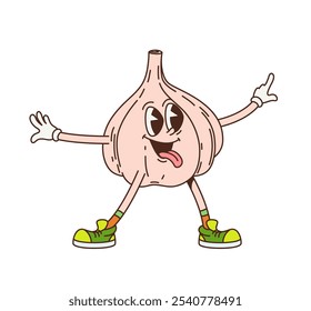 Cartoon groovy garlic vegetable character with cheerful expression and sticking tongue embodies a playful and energetic retro vibes. Isolated vector garden plant personage dances with happy smile