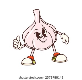 Cartoon groovy garlic vegetable character. Farming market healthy veggie happy personage, vegetarian food vegetable seasoning comical character, farm garlic veggie isolated vector groovy mascot