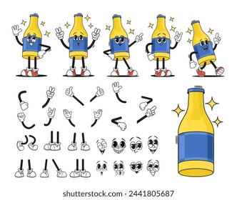 Caricatura Groovy Botella de vidrio Kit de creación de personajes. Colección vectorial de frascos con danza y animación en movimiento