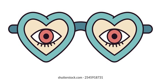 Cartoon groovy glasses icon. Funny psychedelic 70s hippie glasses, 60s heart shaped glasses flat vector illustration. Retro hippie glasses badge