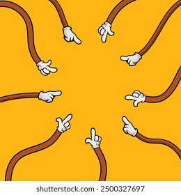 Cartoon groovy gloved hands pointing in center of image. Yellow background. Abstract design template. Vector illustration.