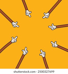 Manos guantadas groovy de la historieta que apuntan en el centro de la Imagen. Fondo amarillo. Plantilla de diseño Abstractas. Ilustración vectorial.