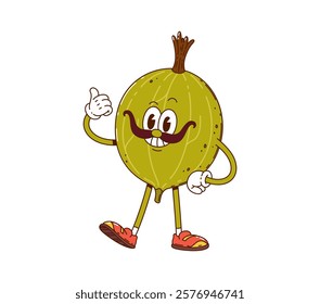 Cartoon groovy gooseberry berry funny character. Forest wild berry vintage groovy cute personage. Garden fresh and ripe gooseberry funky isolated vector character showing thumb up gesture