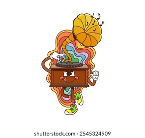 Cartoon groovy gramophone musical instrument character with smiling face and colorful swirling music notes. Vector retro device evokes a sense of nostalgia and fun, reflecting vintage music culture