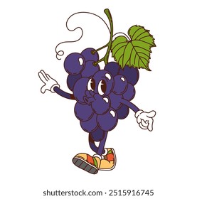 Caráter de fruta de uva groovy do desenho animado com olhos expressivos, folha verde e tênis. Vetor isolado maduro uvas cluster retro personagem alegremente dançando, sorrindo e assobiando com vibrações peculiares