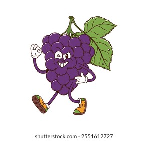 Caráter de fruta de uva groovy do desenho animado com olhos expressivos, folha verde e tênis. Vetor isolado de uvas cluster retro personagem alegremente piscando, sorrindo e piscando ok gesto com vibrações peculiares