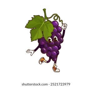 Cartoon groovy grape fruit thanksgiving character. Isolated vector playful bunch of grapes personage with a green leaf, exuding funky joy and retro energy with lively pose and cheerful expression