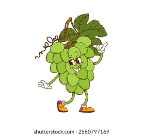 Cartoon groovy grapes berry comical character. Ripe berry retro cartoon mascot, garden bunch of grapes groovy isolated vector funny character or farm orchard product funky cheerful personage