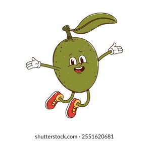 Cartoon groovy green olive vegetable character happily jumping. Isolated vector cheerful retro veggie personage with a leaf, hippie sneakers, expressive eyes and happy relaxed face captures y2k vibe