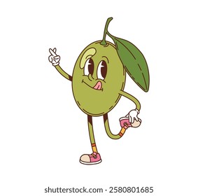 Cartoon groovy green olive vegetable character happily posing with sticking tongue. Isolated vector cheerful retro y2k veggie personage with a leaf, hippie sneakers, expressive eyes and happy face