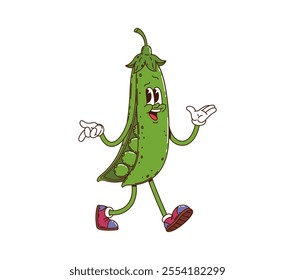 Cartoon groovy green pea vegetable character. Isolated vector green pod retro personage with expressive eyes, wearing vintage sneakers, walking and gesturing confidently with funky hippie y2k vibe