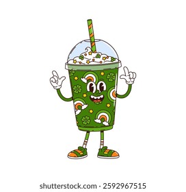 Cartoon groovy green smoothie cocktail character, saint Patrick day holiday drink, beverage retro personage. Isolated vector disposable cup with dome lid and straw for Irish festive event celebration