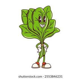 Cartoon groovy green spinach vegetable character with funny face, vector retro comic. Groovy spinach with happy smile and funky cute face for cheerful vegetable emoji or retro cartoon character