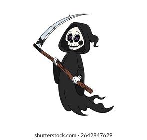 Cartoon groovy Grim Reaper Halloween character holding a scythe. Isolated vector cute and spooky death figure retro y2k personage with a skull face and glowing eyes, wearing black hooded gothic robe