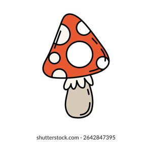Cartoon groovy Halloween amanita mushroom symbol. Isolated vector retro psychedelic, hallucinogenic fly agaric fungus with red cap, white spots and chunky stem, sign of trip and nostalgic hippie era