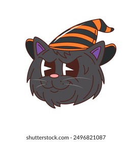 Personaje de gato negro de Halloween de dibujos animados con ojos expresivos y sombrero de bruja a rayas. La cara linda del gatito del Vector aislado está dando mirada traviesa. Personaje de animal felino festivo espeluznante y juguetón