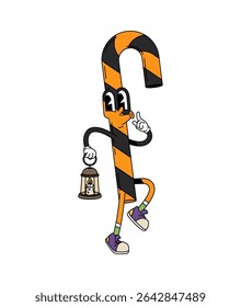 Cartoon groovy Halloween candy cane character with burning lantern, evokes seasonal spooky holiday spirit and funky retro vibes. Isolated vector playful festive trick or treat sweet dessert personage