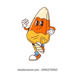 Cartoon groovy Halloween candy corn character with expressive eyes, gloves, and sneakers. Isolated vector lively, festive candy corn sweet personage is joyfully strutting, showcasing a cheerful smile