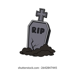 Cartoon groovy Halloween cemetery tomb, grave stone symbol. Isolated vector graveyard building. Old cracked gravestone mausoleum, retro old memorial with RIP engraving. Ancient horror gothic tombstone