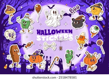 Cartoon groovy Halloween characters stickers pack. Vector ghost, black cat, pumpkin, witch hat and , candy. Eyeball, coffin, candy corn, spider and bones at spooky background with bats and full moon