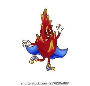 Cartoon groovy Halloween dragon fruit wizard character. Vector tropical pitahaya magician retro personage in blue cloak. Warlock or sorcerer, fruity enchanter, necromancer casts magic witchcraft spell