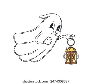 Cartoon groovige Halloween Geisterfigur mit Laterne für Feiertag Horrornacht, Vektorgrafik Retro Cartoon. Groovy Boo Geist fliegen mit Kerzenlaterne, Halloween Urlaub funky Poltergeist im Retro-Cartoon