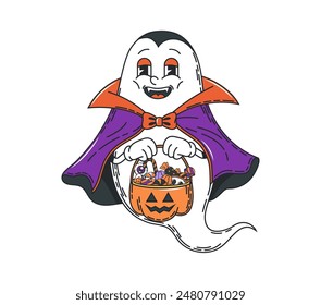 Cartoon groovy Halloween ghost character as Dracula vampire with pumpkin bucket, vector retro comic. Halloween horror night holiday groovy funky boo ghost with trick or treat party spooky candies