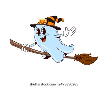 Cartoon groovy Halloween ghost character on witch broom for horror night holiday, vector funny boo. Groovy cute ghost with happy face in witch hat flying on broomstick for Halloween cartoon character