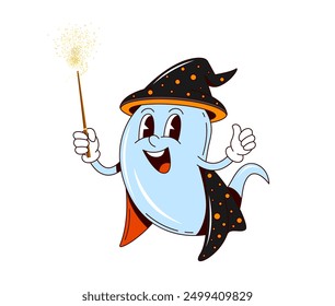 Cartoon groovy Halloween Geisterfigur mit Zauberstab, Vektor lustiges Buch. Halloween Urlaub Horror Nacht und Trick oder behandeln Party Retro Cartoon groovigen Geist in Zauberer Kostüm mit glücklichem Gesicht