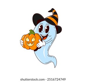 Caricatura groovy fantasma de Halloween personaje con calabaza en sombrero de bruja, Vector divertido boo. Día de fiesta de Halloween y noche de horror truco o trato personaje de fiesta de fantasma funky con monstruo de calabaza espeluznante