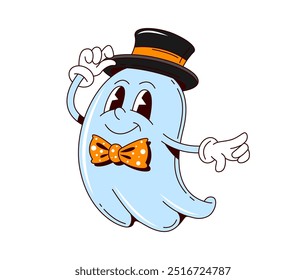 Cartoon groovy Halloween personagem fantasma em cavalheiro chapéu cilindro e gravata, vetor engraçado livro. Dia das Bruxas Natal horror noite e truque ou tratar festa retro desenho animado fantasma feliz