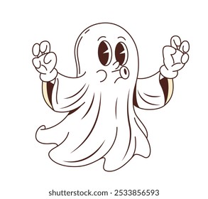 Caricatura groovy personaje fantasma de Halloween diciendo boo. Vector aislado travieso spook o personaje retro fantasma flota con las manos levantadas creando un ambiente espeluznante. La forma espectral celebra la noche espeluznante