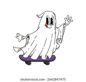 Cartoon groovy Halloween ghost character riding a skateboard, showing a cheerful expression with its tongue out. Isolated vector mischievous and grinning spook or phantom Retro y2k personage