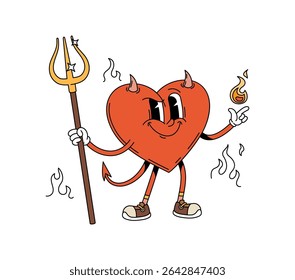 Cartoon groovy Halloween heart with devil horns and trident, vector funny character. Halloween holiday symbol for horror night party, groovy heart character with mean smile on face and hell fire burn