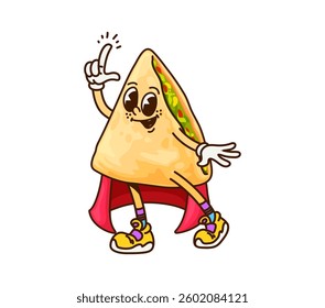 Cartoon groovy Halloween Mexican quesadilla character wizard, vector Tex Mex food. Groovy quesadilla with happy face and funky smile in sorcerer or wizard mage mantle for Halloween cartoon character