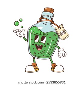 Personaje de botella de poción de Halloween de dibujos animados. Frasco de vidrio místico de Vector aislado, vial mágico o de brujería con líquido burbujeante verde, corcho y etiqueta. Retro vintage bruja o mago brebaje