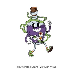 Cartoon groovy Halloween potion bottle character with eerie eyeballs and purple brew, smiling brightly and showing a peace sign gesture, capturing a playful spooky holiday atmosphere with retro vibe