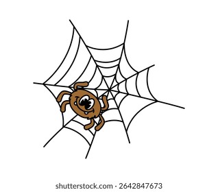 Cartoon groovy Halloween spider character playfully sitting on cobweb, exuding spookiness and charm. Isolated vector cute arachnid insect monster retro personage with big eyes and smile on a spiderweb