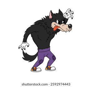 Cartoon groovy Halloween werewolf character in purple pants and hippie sneakers. Isolated vector holiday animal personage, creepy and eerie wolf monster, spooky fantasy beast predator with retro vibe