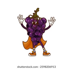 Cartoon groovy Halloween wizard grapes fruit character in holiday costume. Vector funny bunch of black grape retro personage dressed as a mischievous sorcerer with orange cloak and hippie sneakers