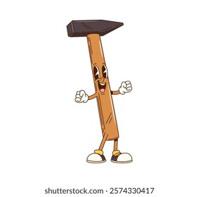 Cartoon groovy hammer character, DIY construction or repair tool, vector carpentry mallet. Funky groovy hammer laughing with funny face for carpentry and DIY construction tool cartoon character